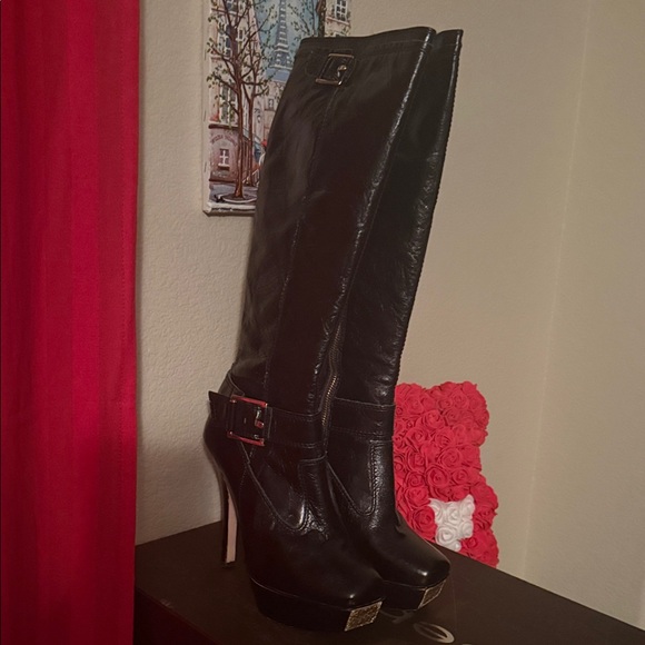 Bebe Glossy Black Heeled Boots size 8 - Picture 3 of 14